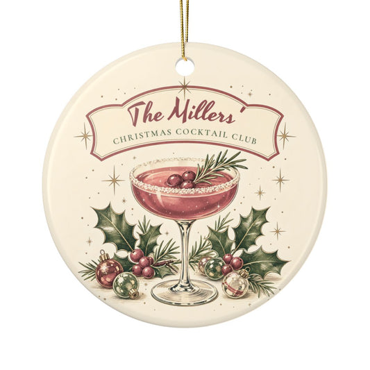 Back of the round ceramic Christmas Cocktail Club ornament
