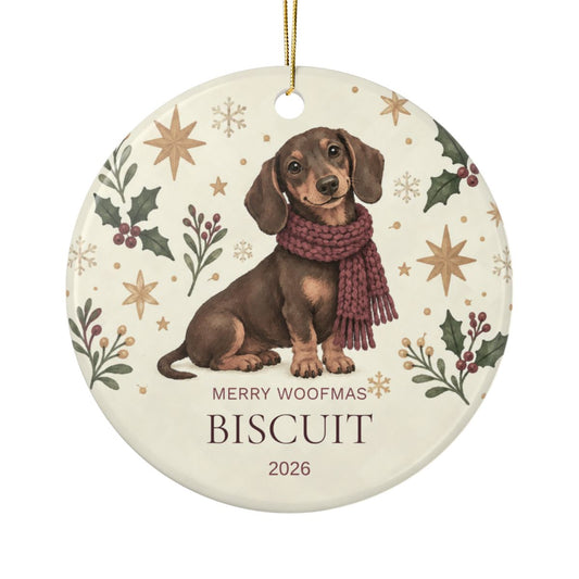 Round ceramic Merry Woofmas dachshund ornament with a dachshund in a maroon scarf, holly and stars, example name Biscuit and 2026, gold string