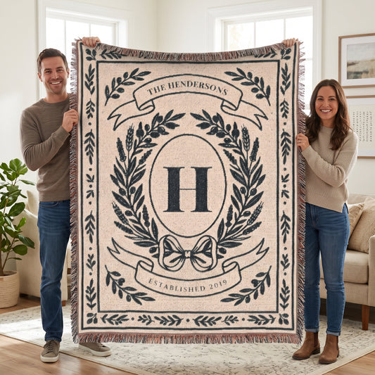 Couple holding open the 60 x 80 personalized family name woven blanket with monogram H crest and The Hendersons banner