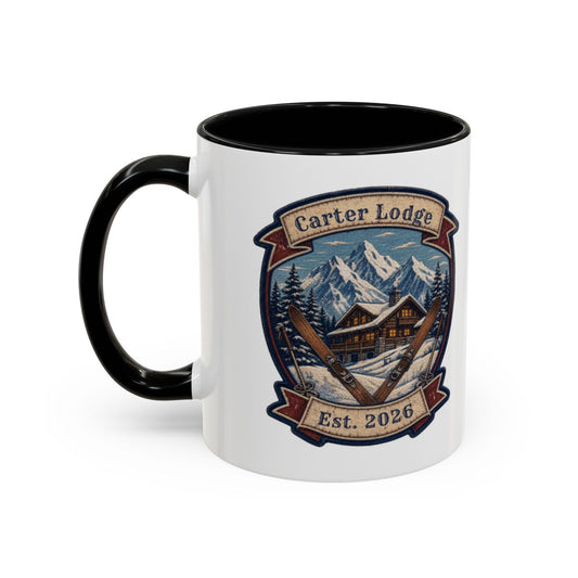 Personalized ski lodge mug with black handle, sample text Carter Lodge Est. 2026, handle on the left