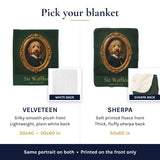 Pet portrait blanket comparison: velveteen with white back in 30x40 and 50x60, sherpa with fluffy back in 50x60