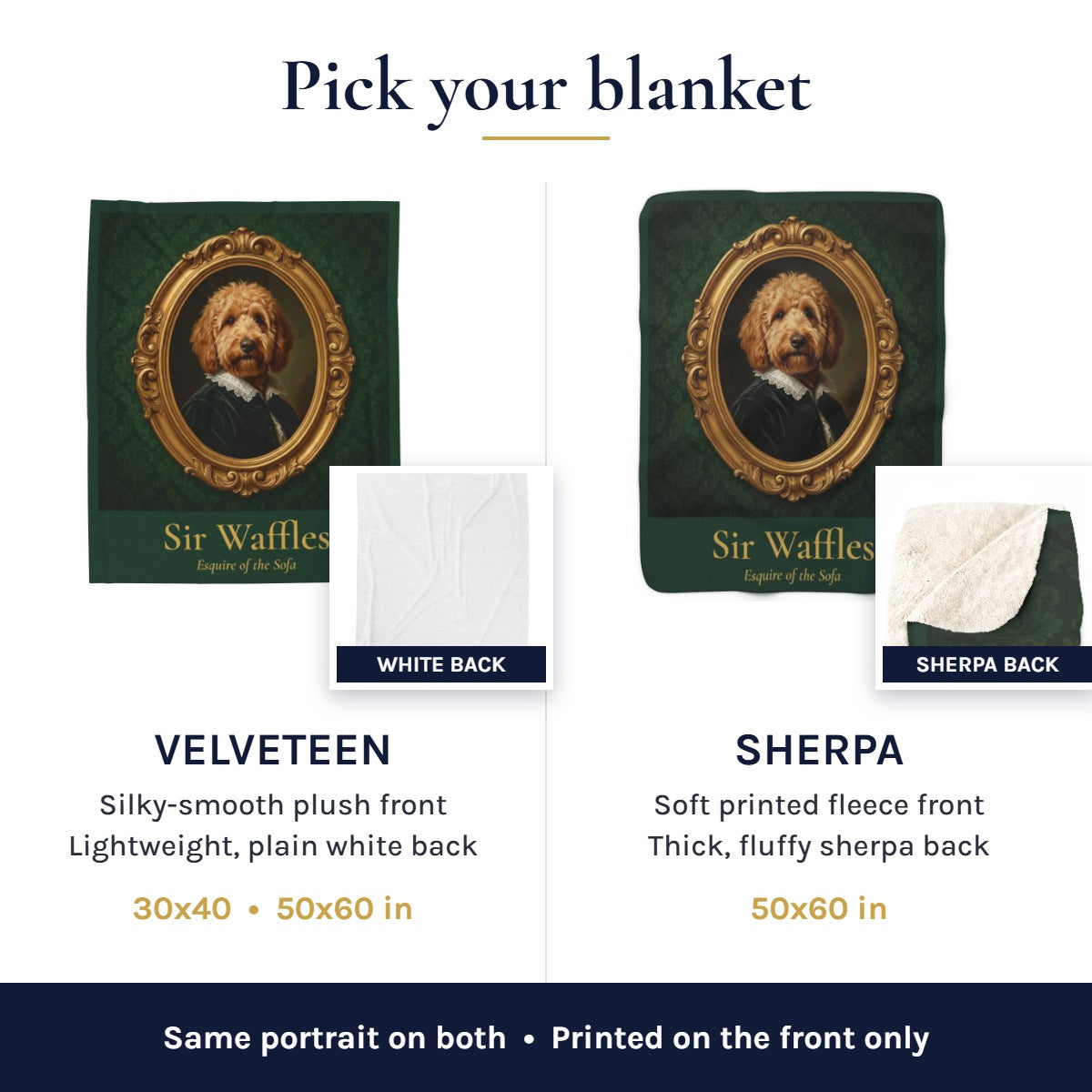 Pet portrait blanket comparison: velveteen with white back in 30x40 and 50x60, sherpa with fluffy back in 50x60