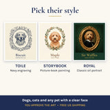 Custom pet portrait blanket styles: Toile, Storybook and Royal dog and cat portraits