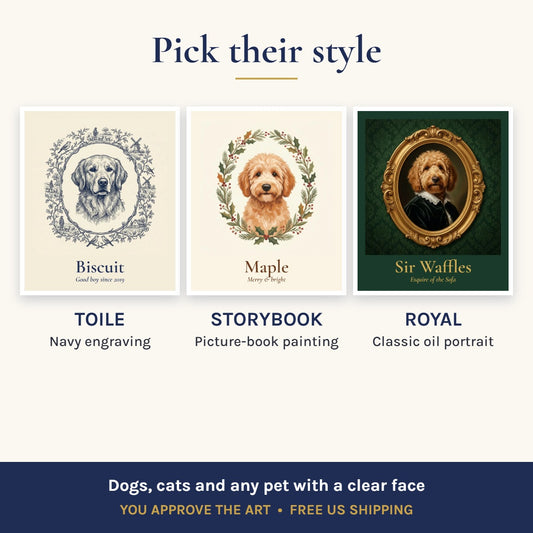 Custom pet portrait blanket styles for dogs, cats or any pet: Toile, Storybook and Royal