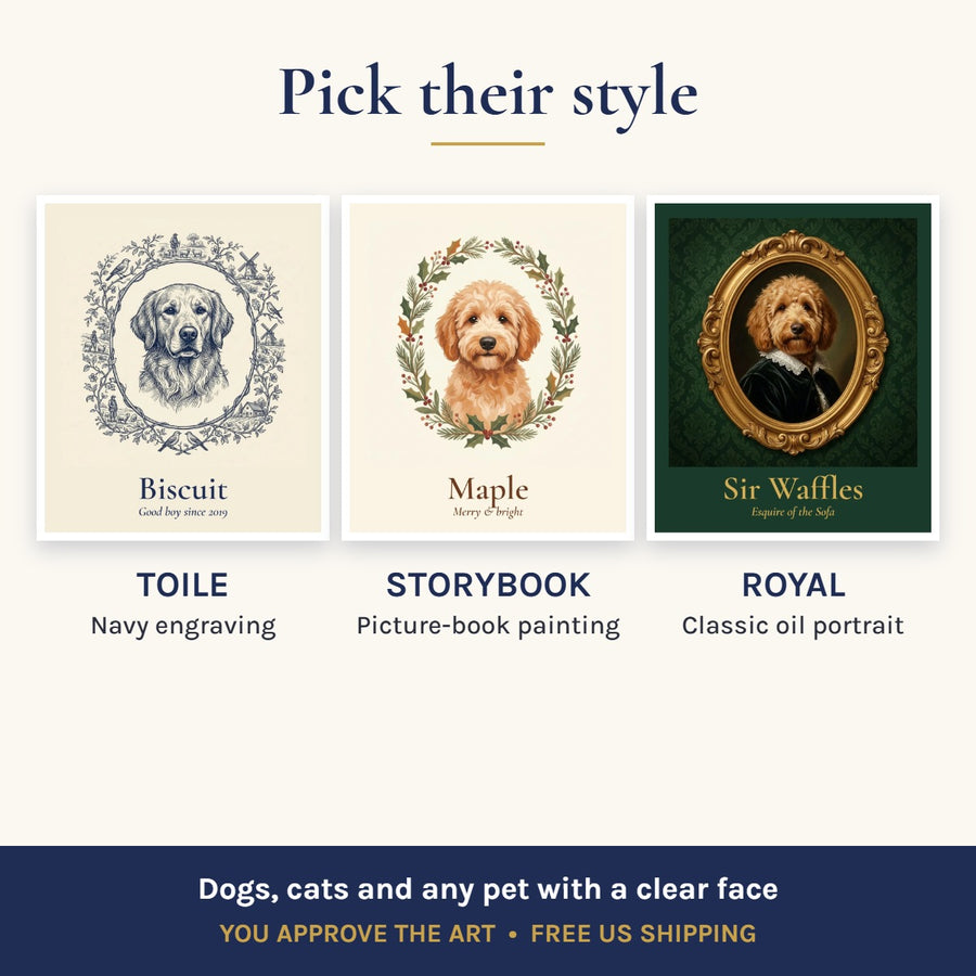 Custom pet portrait blanket styles: Toile, Storybook and Royal dog and cat portraits