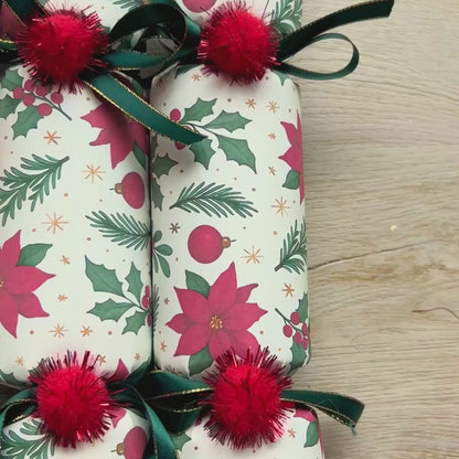 Handmade Traditional Christmas Crackers with Snaps - Red & Green Flower Design