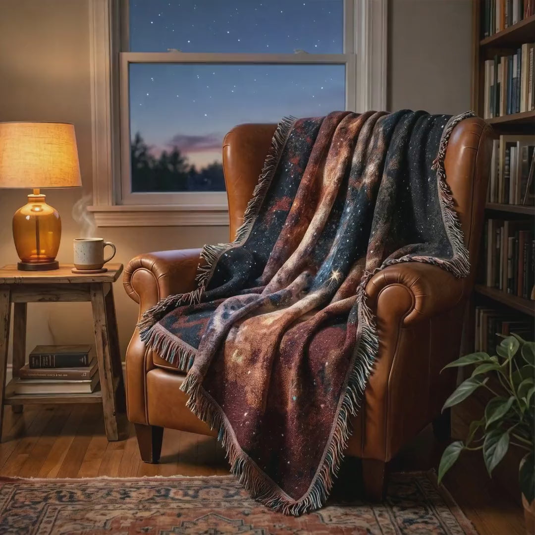 Short video of the James Webb Tarantula Nebula woven blanket in a cozy room
