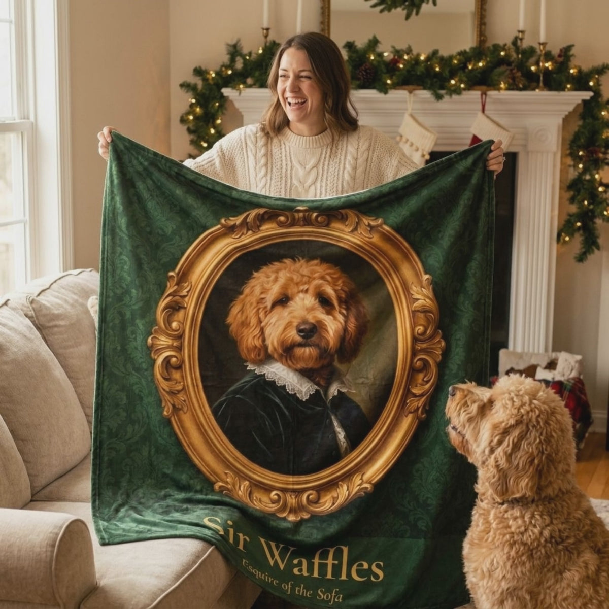 Woman holding up a custom Royal-style pet portrait blanket of her goldendoodle Sir Waffles while the dog sits beside her
