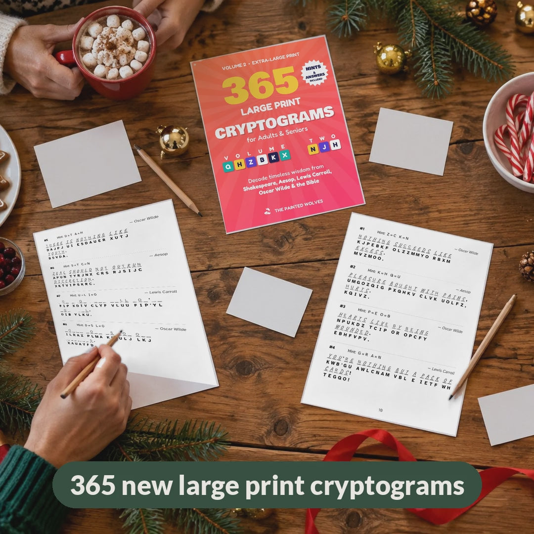 Video: a pencil fills in a real Volume 2 cryptogram, the solved quote appears, pages flip to the answers
