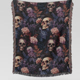 Video of the skull woven blanket being unfolded to show the gothic floral design