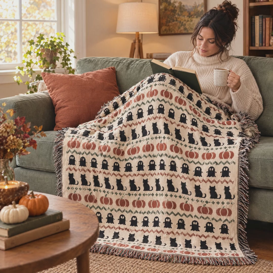 Short video of the Haunted Heirloom Fair Isle woven blanket draped over a sage sofa