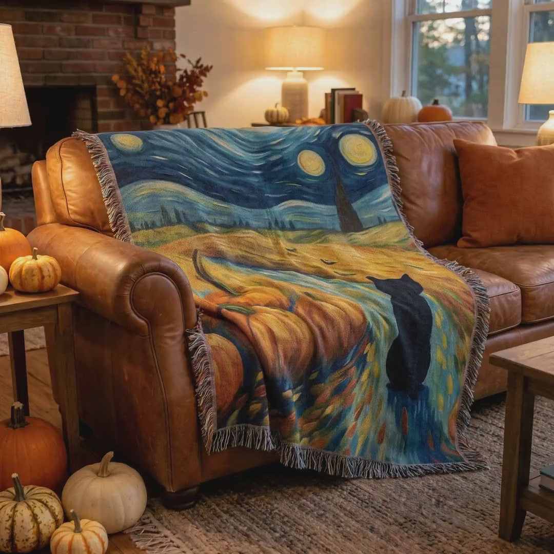 Short video of the Van Gogh Halloween woven blanket on a leather sofa