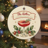 Personalized Christmas Cocktail Club ornament swaying gently on a lit Christmas tree