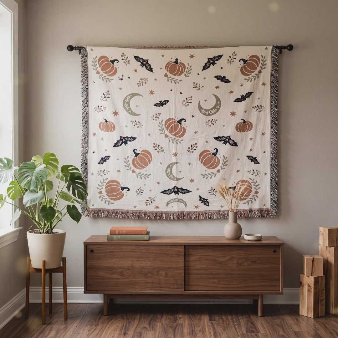 Short video of the Subtle Spooky neutral Halloween woven blanket hanging on a wall above a sideboard