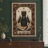 Short video of the Overlord black cat tarot woven tapestry hanging on a forest green wall