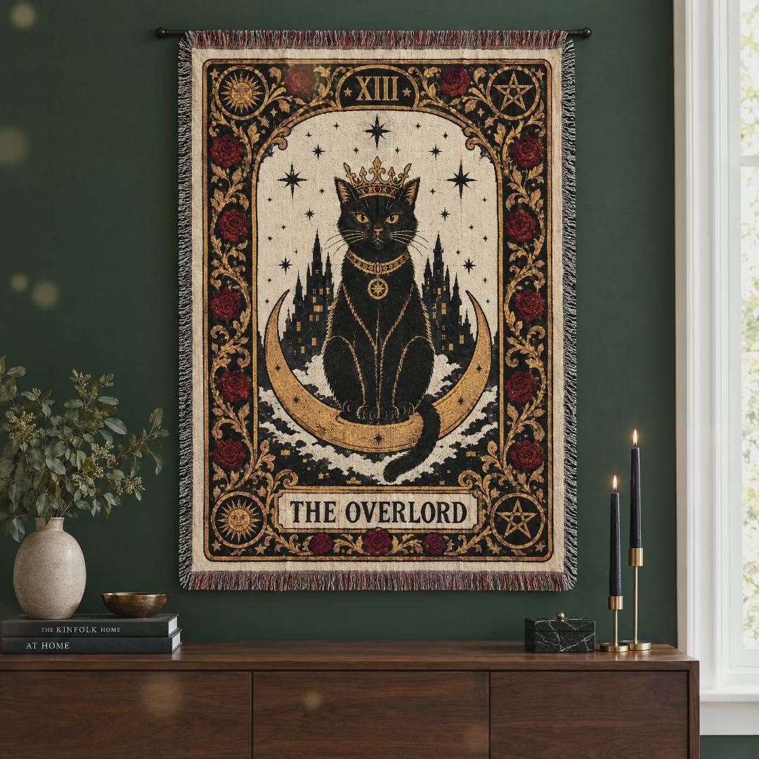 Short video of the Overlord black cat tarot woven tapestry hanging on a forest green wall