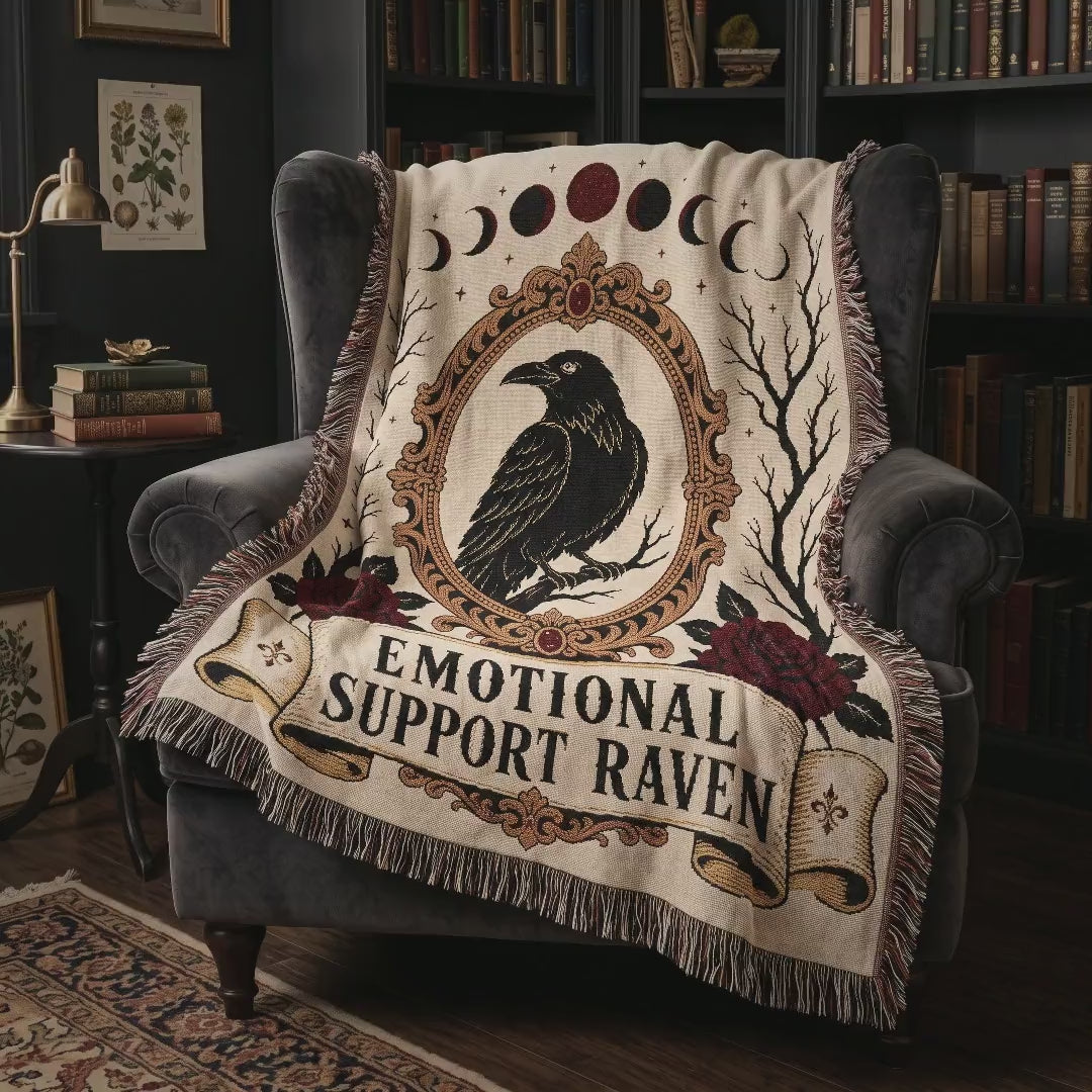 Short video of the Emotional Support Raven woven blanket in a cozy reading nook