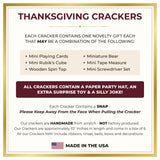 Card showing what is inside each cracker: a novelty gift, a paper hat, an extra toy, a joke and a snap