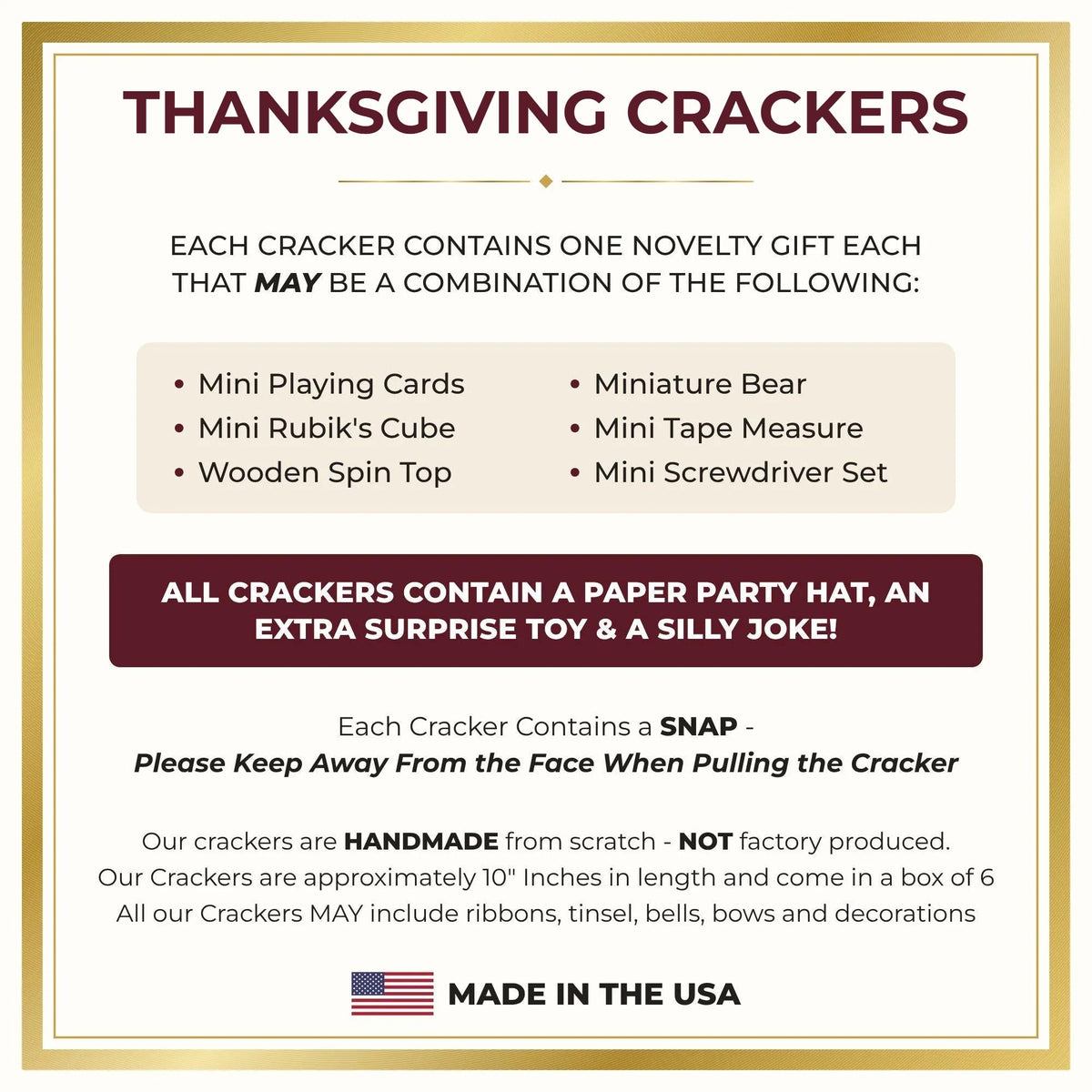 Card showing what is inside each cracker: a novelty gift, a paper hat, an extra toy, a joke and a snap