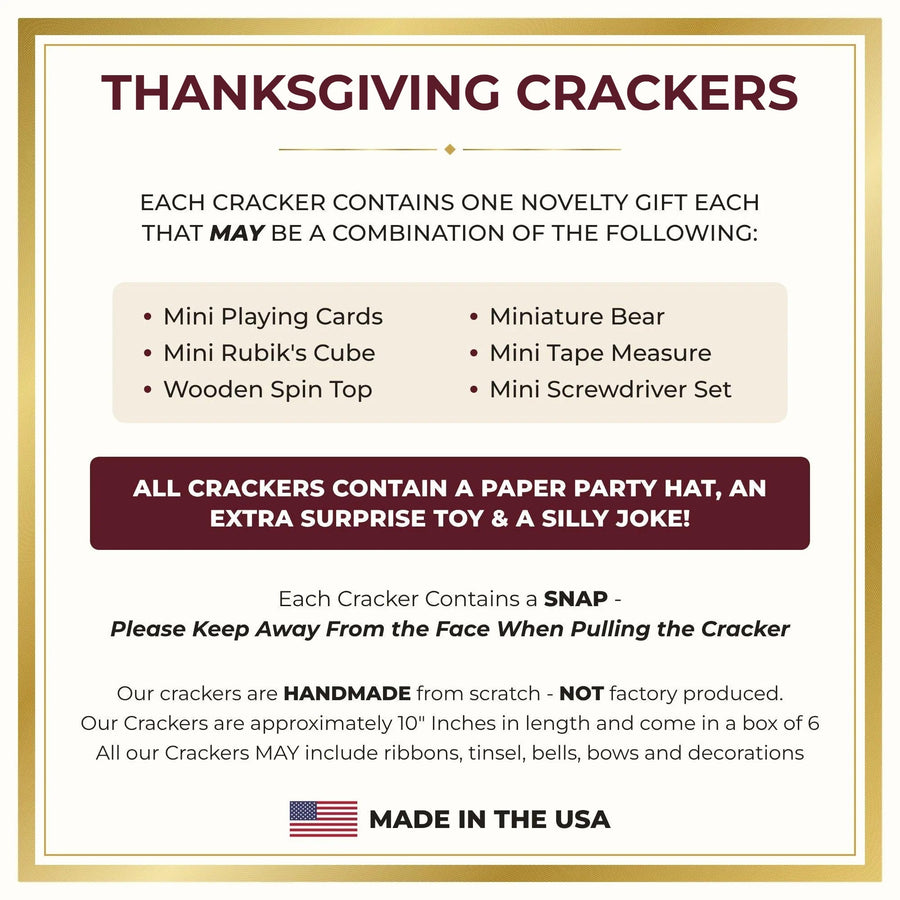 Card showing what is inside each cracker: a novelty gift, a paper hat, an extra toy, a joke and a snap