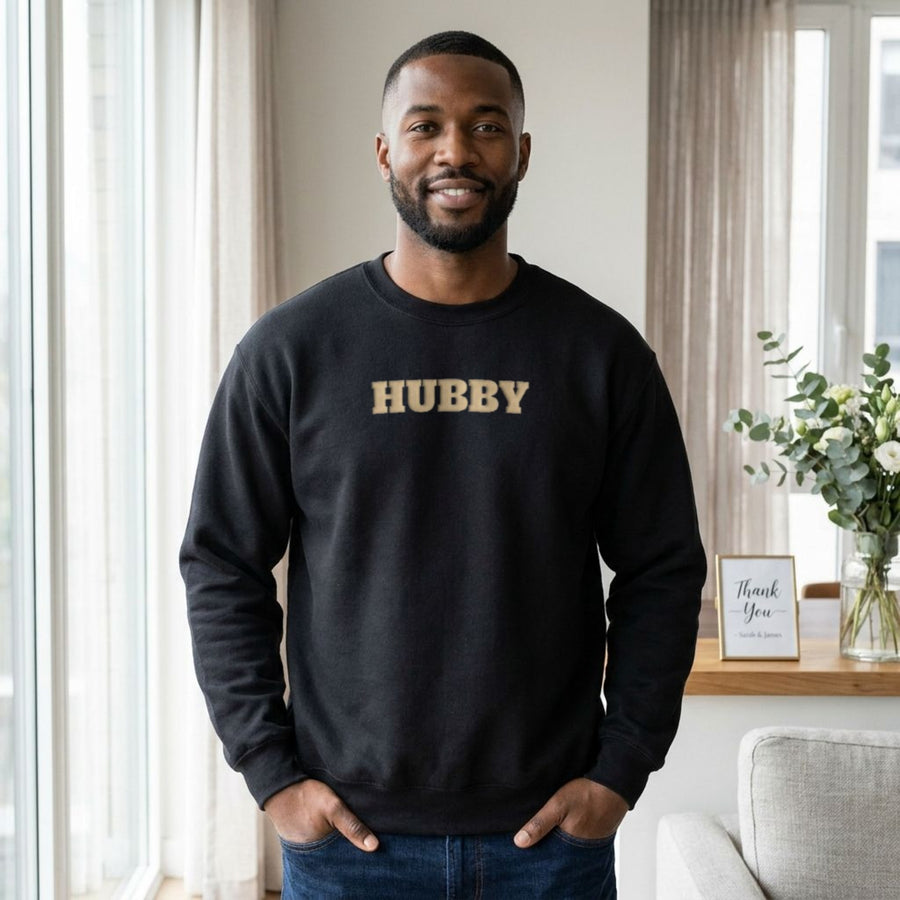 Hubby Sweatshirt, Metallic Gold Puff Print Crewneck