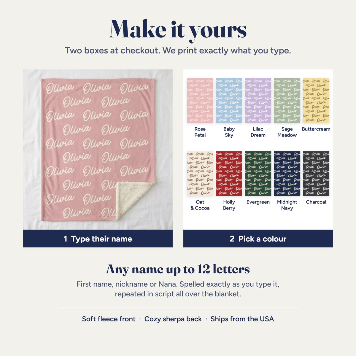 How to personalize the name blanket: type the name and pick one of ten colours