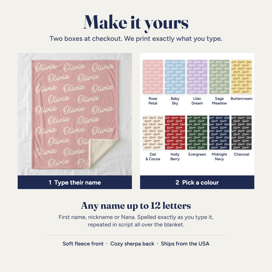 How to personalize the name blanket: type the name and pick one of ten colours