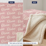 Front of the name blanket printed with the name and the cozy sherpa back
