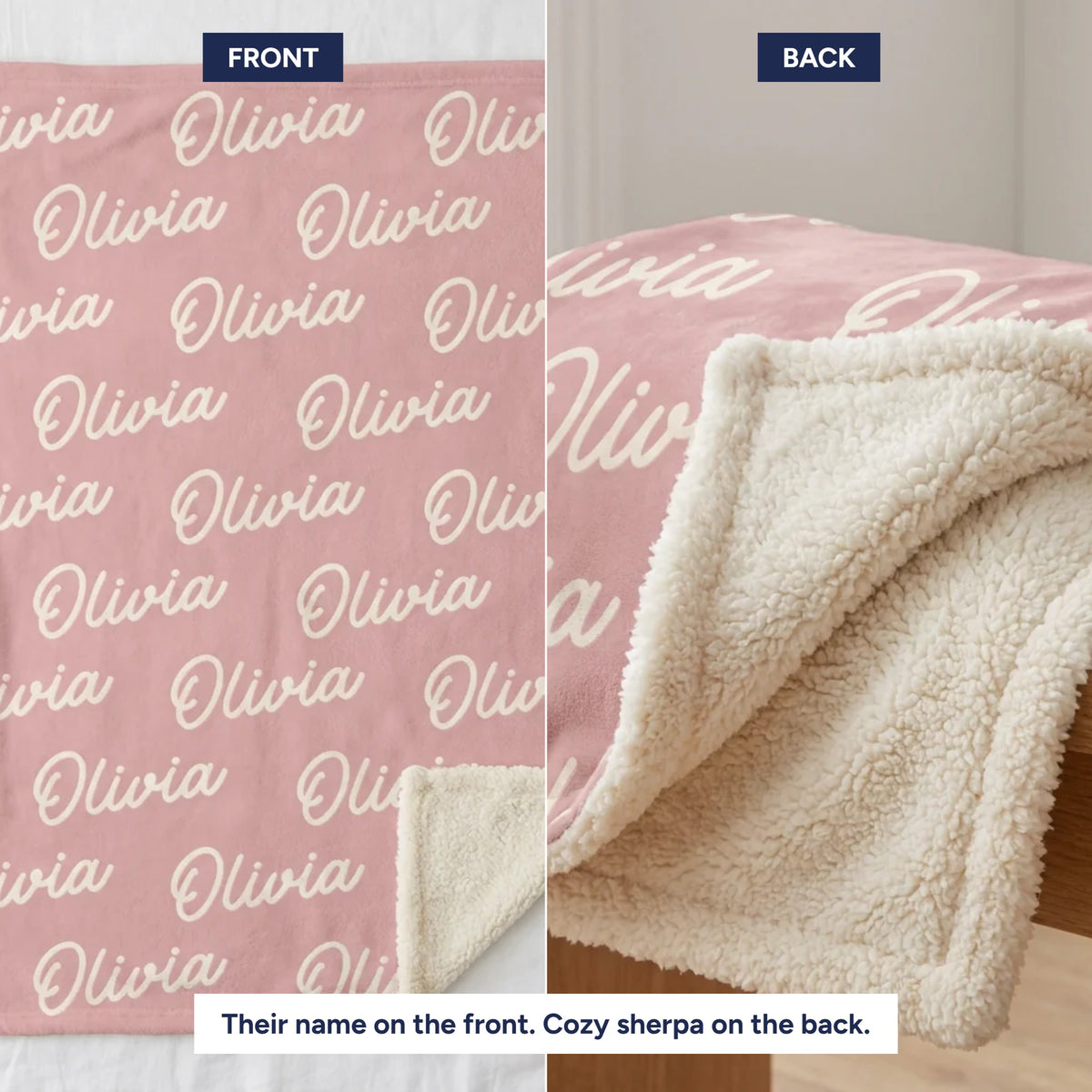 Front of the name blanket printed with the name and the cozy sherpa back