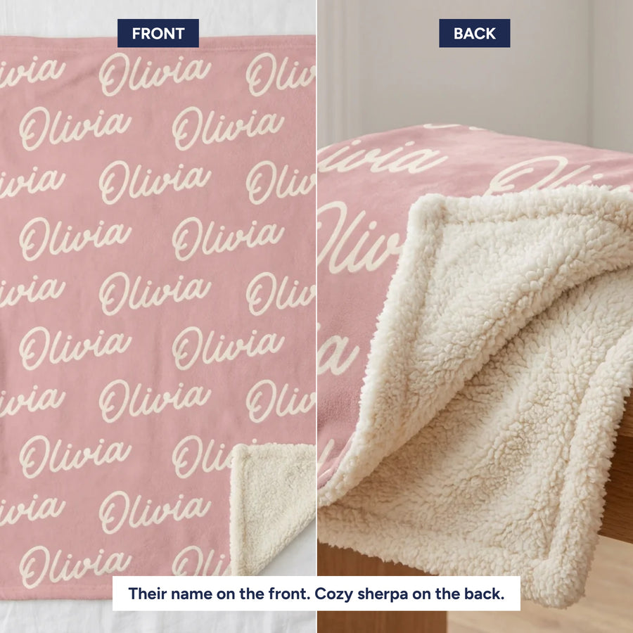 Front of the name blanket printed with the name and the cozy sherpa back
