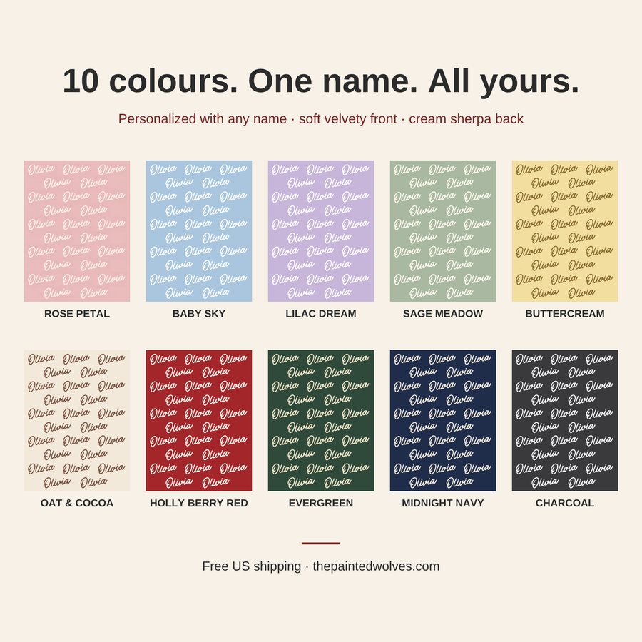 Colour chart for the personalized name blanket showing 10 colours
