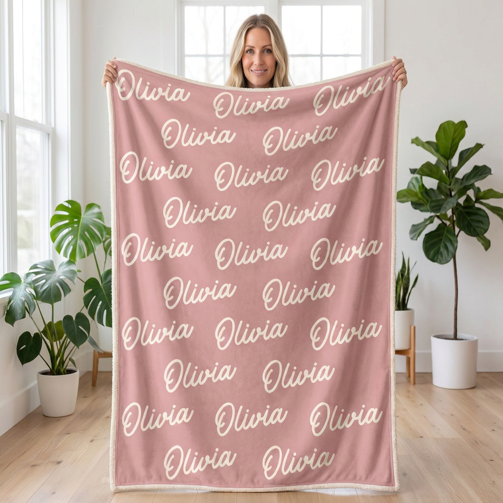 Woman holding up a pink personalized sherpa blanket with the name Olivia repeated in white script