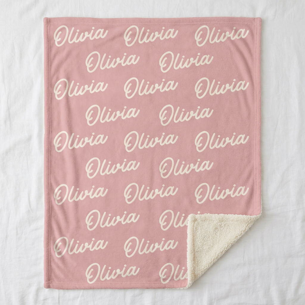 Flat lay of the personalized name throw blanket on a white bed showing the full repeating name pattern and sherpa corner