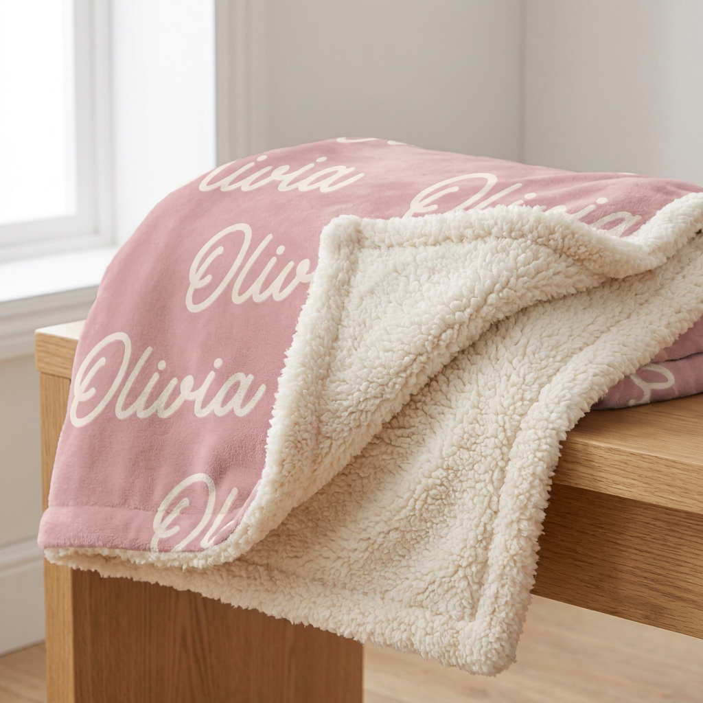 Close-up of the custom name blanket showing the velvety printed front and thick cream sherpa back
