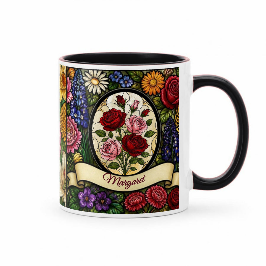 Stained glass birth flower mug, black handle