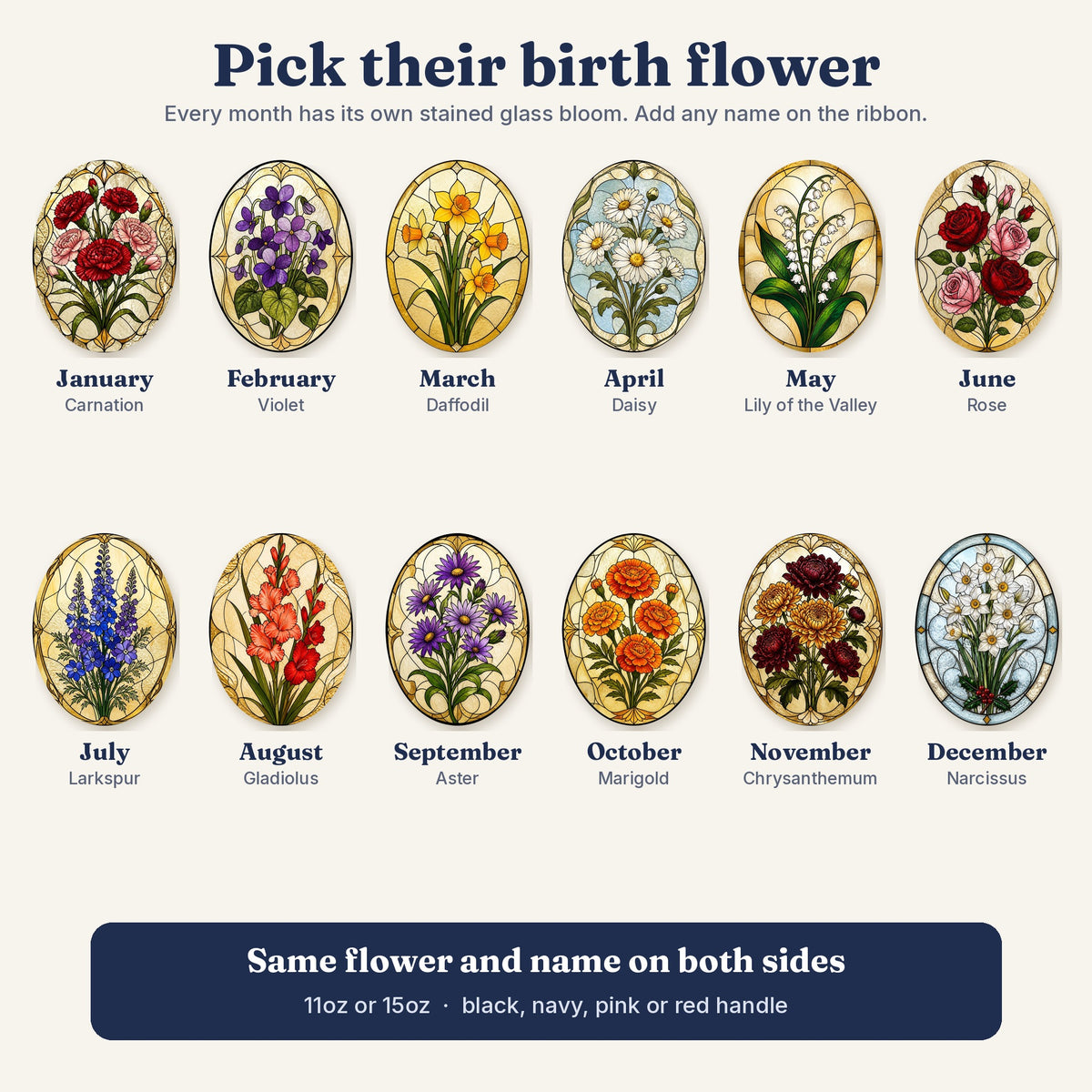 All 12 birth month flowers in stained glass