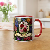 Stained glass birth flower mug with name on the ribbon, red handle