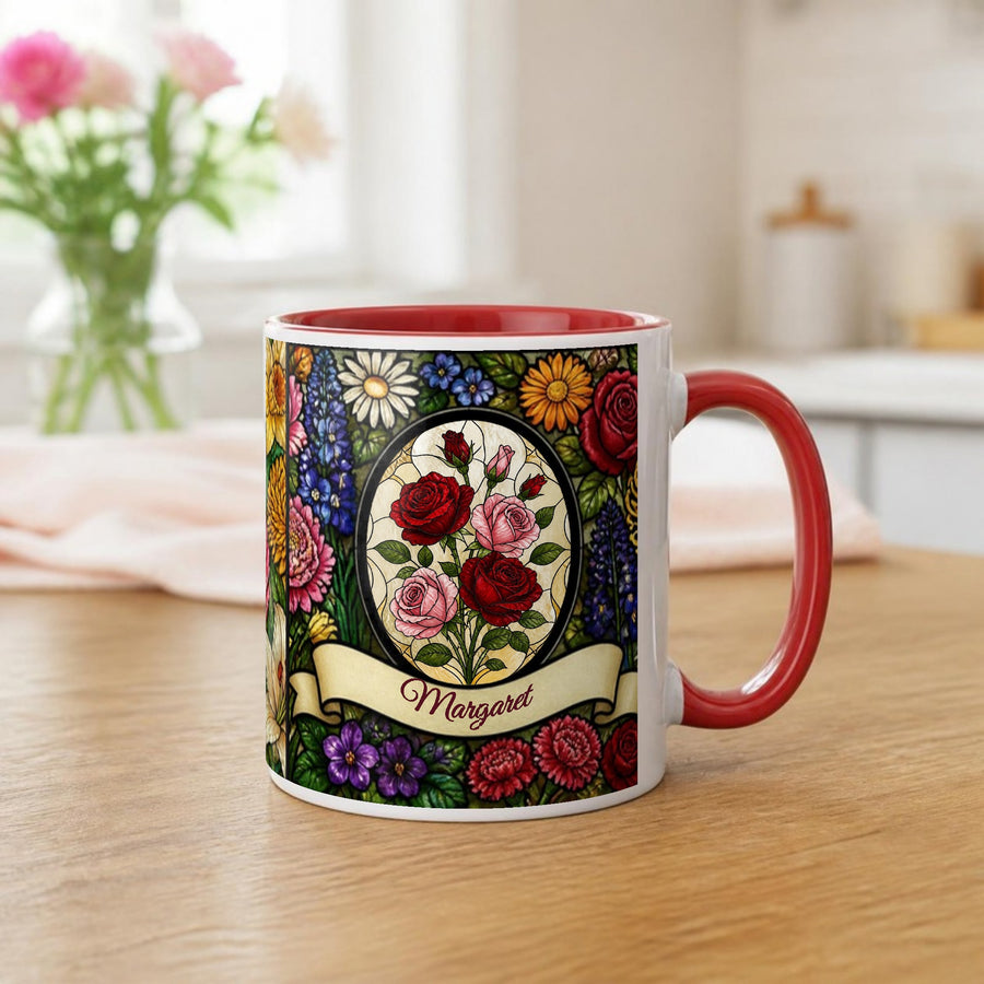 Stained glass birth flower mug with name on the ribbon, red handle