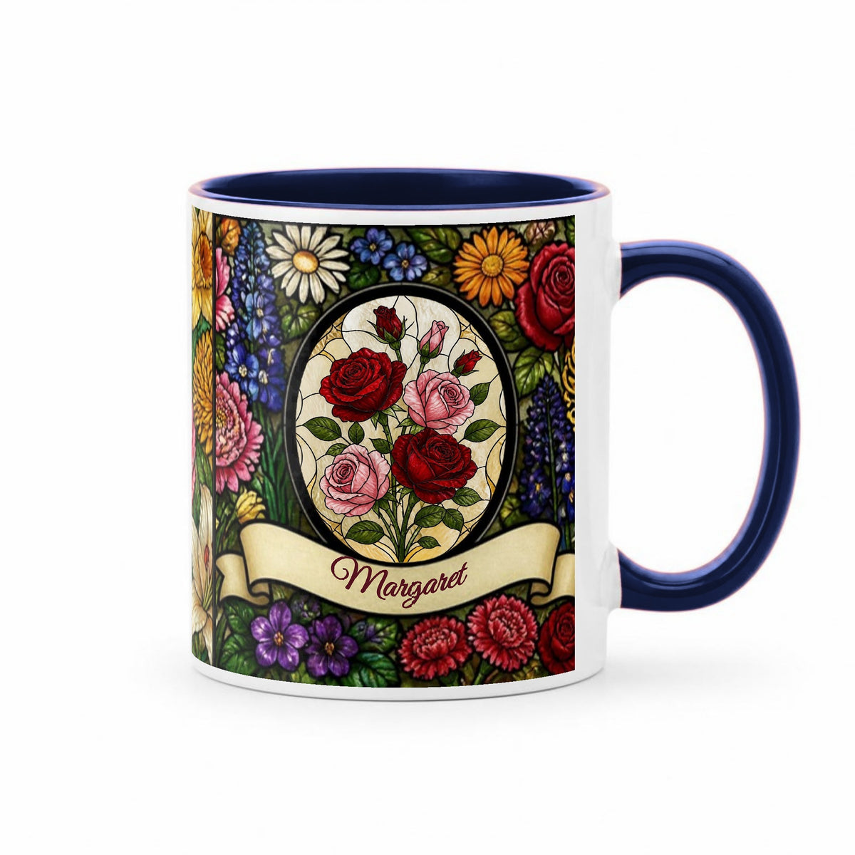 Stained glass birth flower mug, navy handle