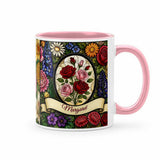 Stained glass birth flower mug, pink handle