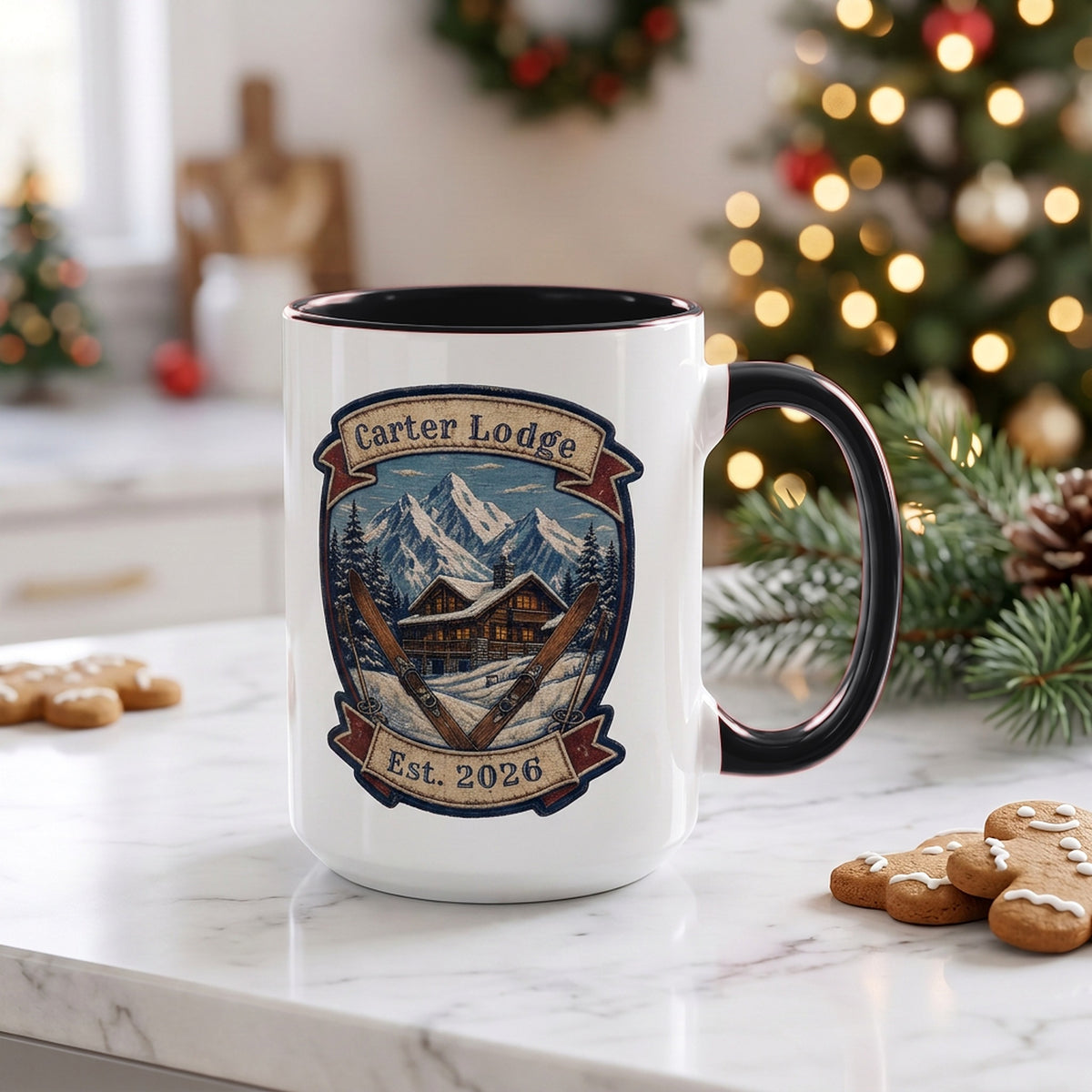 Ski lodge mug with black handle