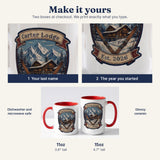 How to personalize the ski lodge mug: last name and year, 11oz and 15oz
