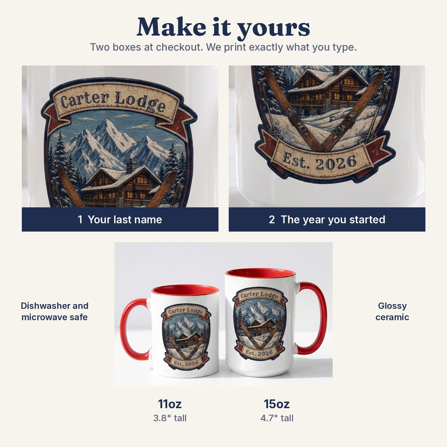 How to personalize the ski lodge mug: last name and year, 11oz and 15oz