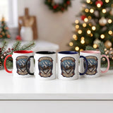 Ski lodge mug in red, black, navy and pink handle colors