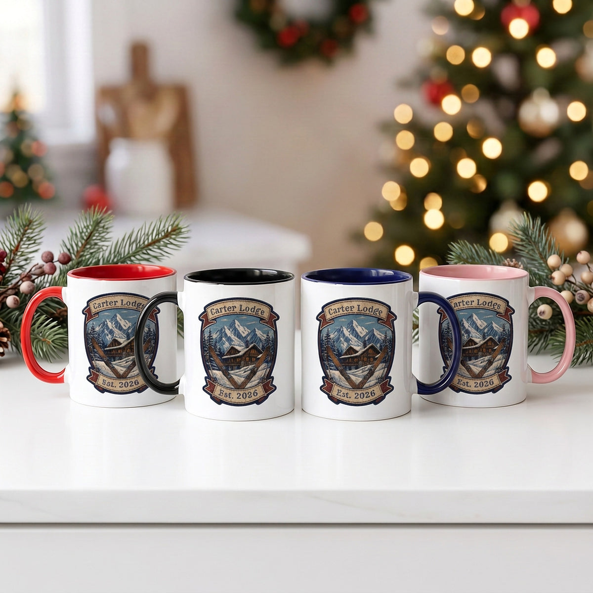Ski lodge mug in red, black, navy and pink handle colors
