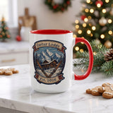 Personalized ski lodge mug with family last name and est year, red handle