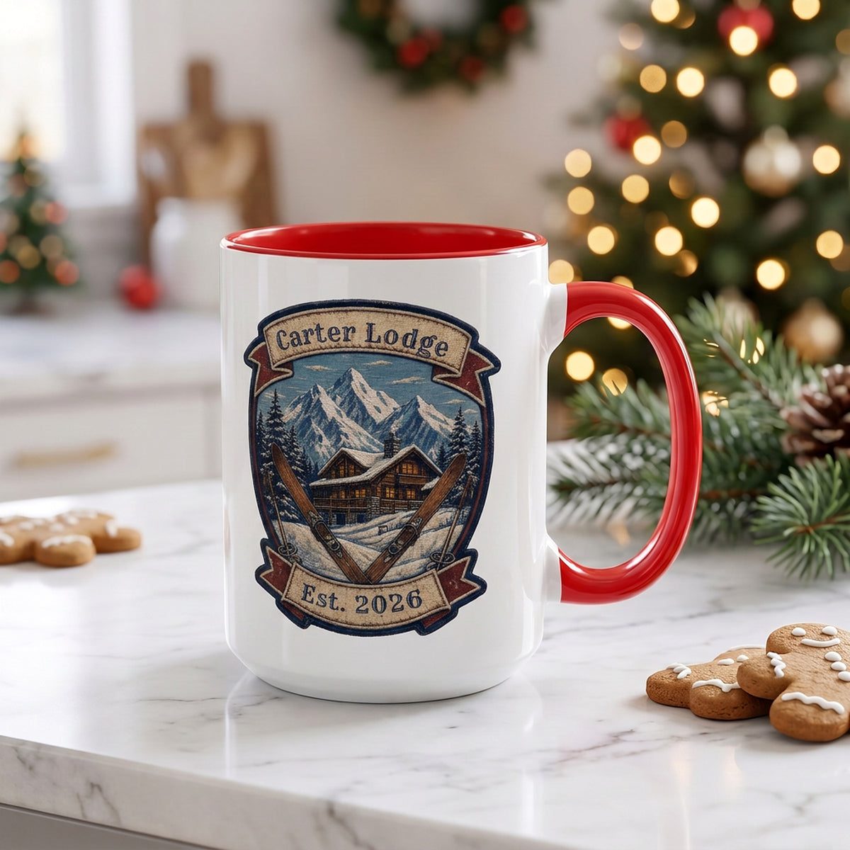 Personalized ski lodge mug with family last name and est year, red handle