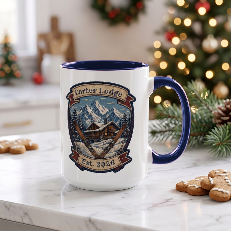 Ski lodge mug with navy handle