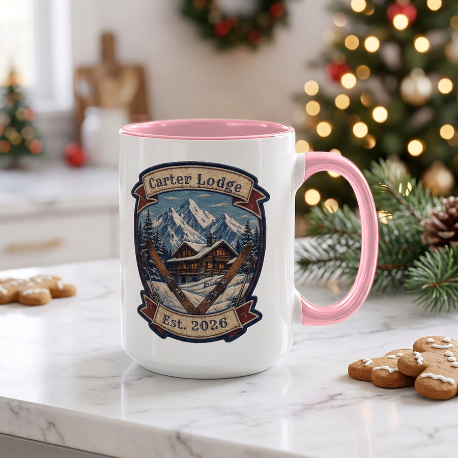 Ski lodge mug with pink handle