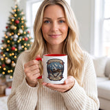 Woman holding personalized ski lodge mug by the Christmas tree